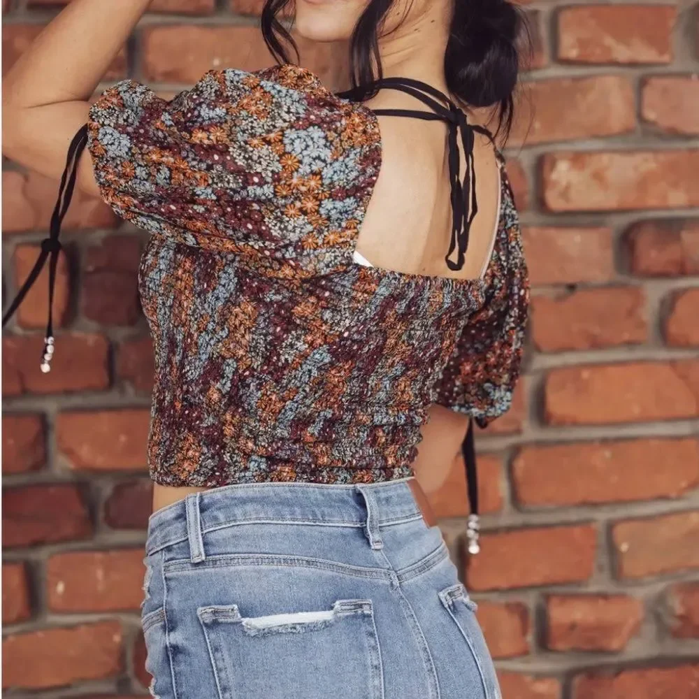 NWT Free People Back on Top Floral Square Neck Puff Sleeve Earthy Cropped S